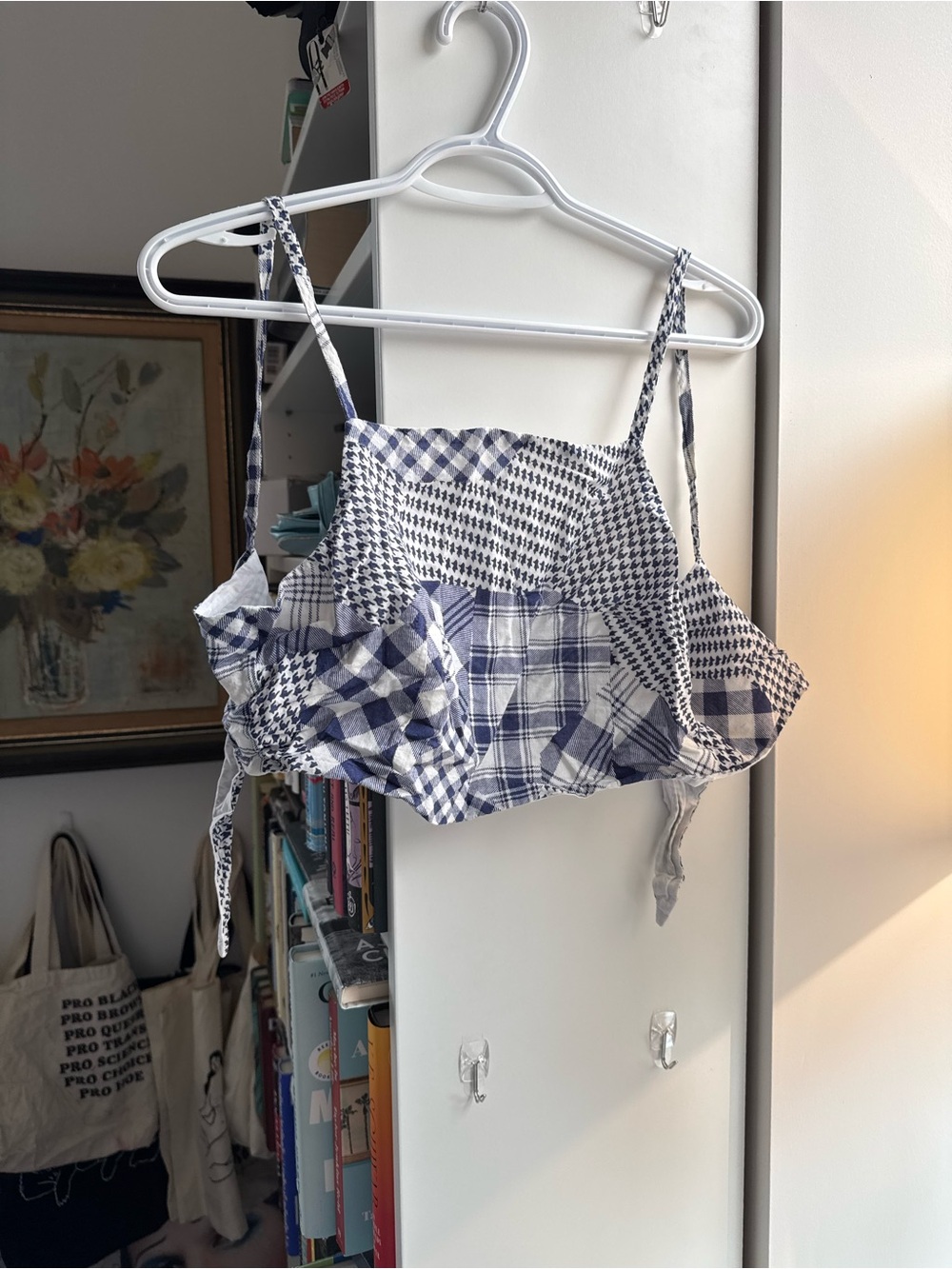 Blue Patchwork Ruffle Spaghetti-Strap Crop Top